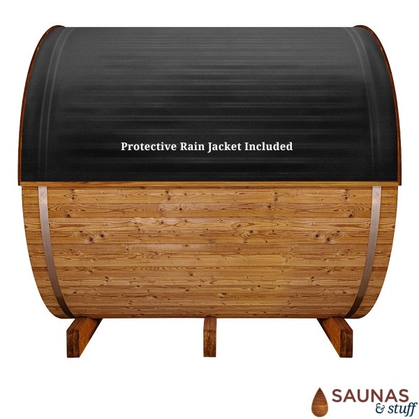 Thermory 4 Person Barrel Sauna with front porch seating